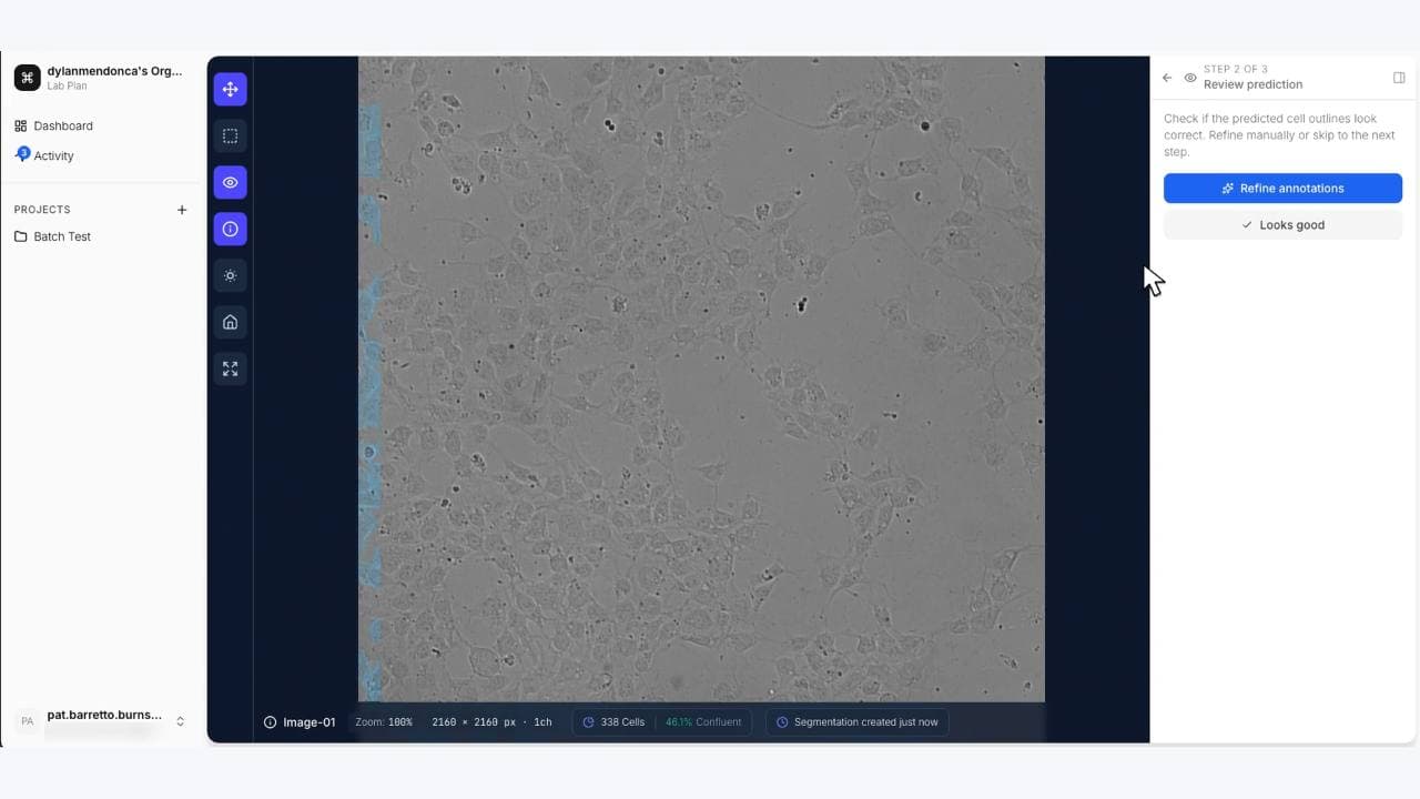 The HalfPage app reviewing a cell segmentation, reporting 338 cells at 46.1% confluence